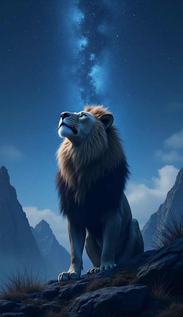 Create an ultra realistic 8k image of a big and beautiful strong lion with blue eyes looking up at the sky with a look of gratitude , the night on a mountain