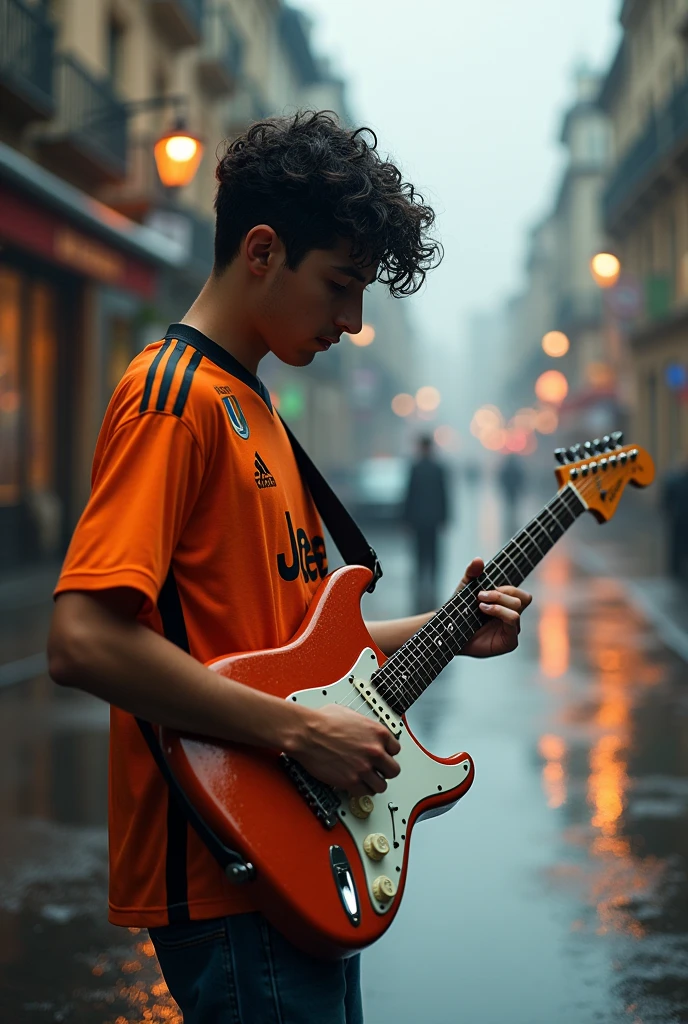 Young man with short black curly hair, playing stratocaster electric guitar, on a wet and mirrored avenue, wearing an orange juventus shirt.