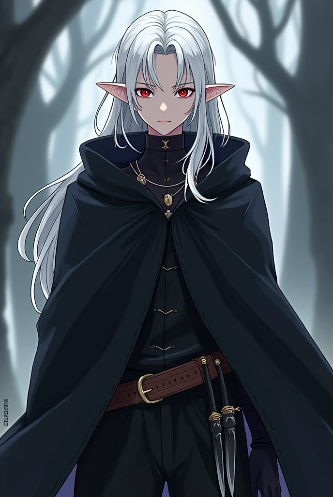 Dans un style d'animé Un personnage d'Elf masculin à la peau et aux cheveux blanc avec des yeux rouges , et vêtu d'un long manteau a capuche et d'une ceinture en cuir portant deux dagues aux lames d'obsidienne avec un air sur de lui et mystérieux