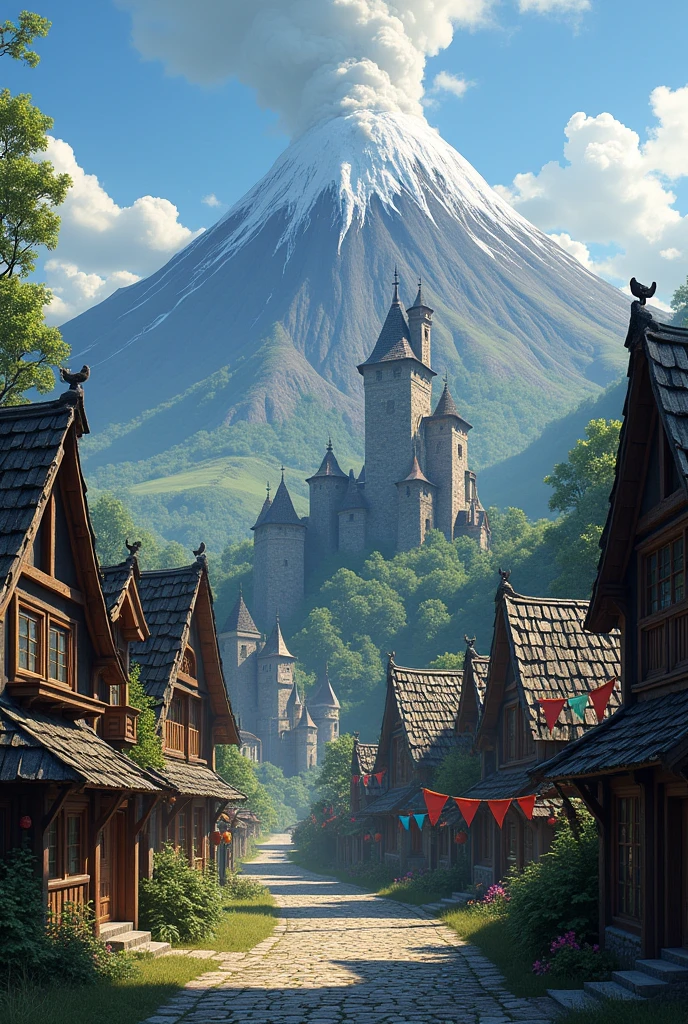 Small fantasy village with a volcano, houses made of stone with a castle