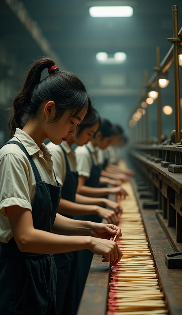 A group of girls working in the match factory in uniforms and with respect to tiredness