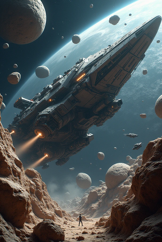 Super spacecraft collecting minerals in the asteroid belt, also place small ships, working on the surface of asteroids extracting minerals.