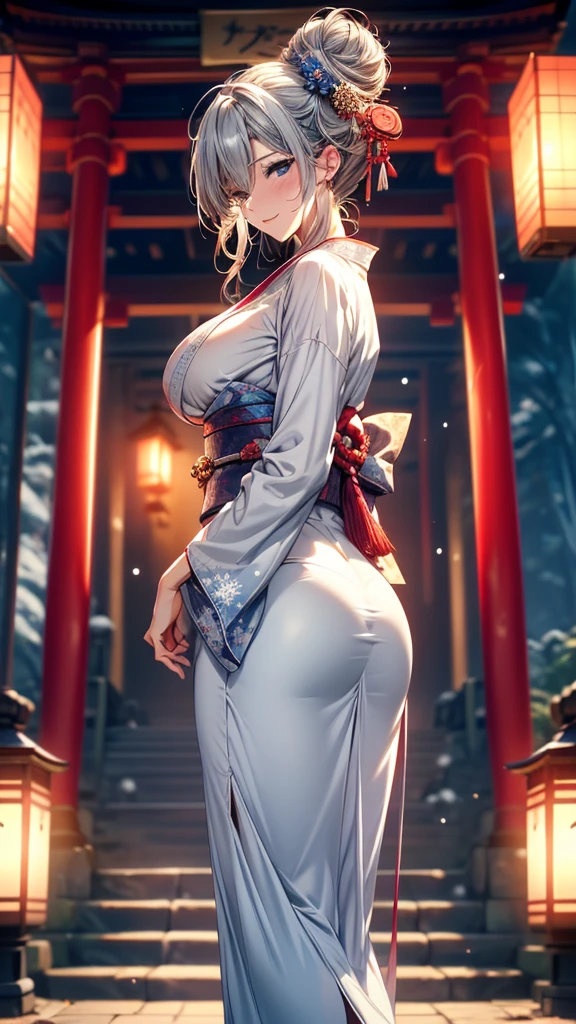 2, Sexy body, Slim body, Silver hair fades to light blue tail, hair covering one eye, /Asymmetrical hair, /half bun hair, /half updo half up half down, /Medium Length Hair, /long wavy hair, blue eyes, break, Japanese clothes, kimono, Zen garden in Japanese temple, In front of the torii gate, New Year Visit, hands together, Pray for the future, Smile, In winter, Snow covered ground, There is snow, snowflake, Dynamic Angle, from the side, (Correct anatomy, Ideal body proportions), (/A night under the stars, /In the morning, under the holy light), break, high resolution, original photo, Photorealism, Stay focused, (natural lighting, Textile shading), Detailed background, Perfect layer cut, Focus on the eyes, (milf:1.5), Depth of Field, Bokeh, cowboy shot, ray tracing, masterpiece, best quality, 8K, retina, masterpiece, ccurate