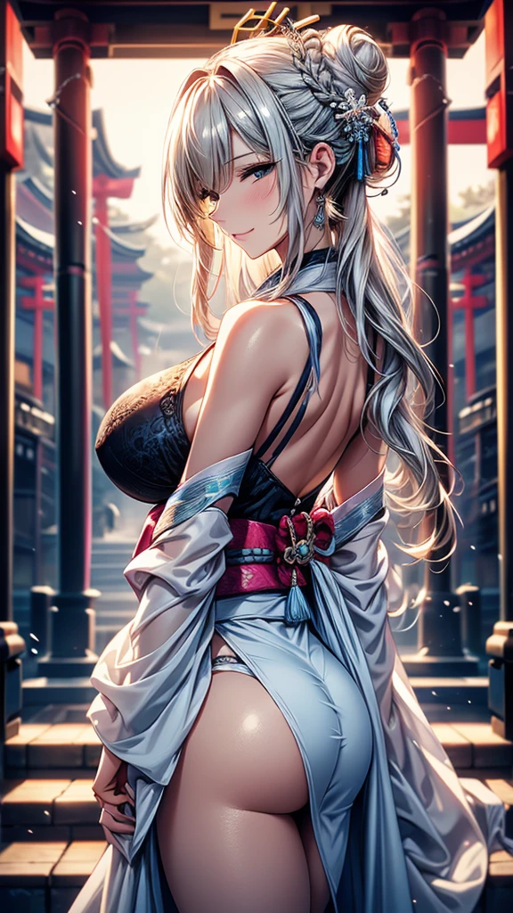 2, Sexy body, Slim body, Silver hair fades to light blue tail, hair covering one eye, /Asymmetrical hair, /half bun hair, /half updo half up half down, /Medium Length Hair, /long wavy hair, blue eyes, break, Japanese clothes, kimono, Zen garden in Japanese temple, In front of the torii gate, New Year Visit, hands together, Pray for the future, Smile, In winter, Snow covered ground, There is snow, snowflake, Dynamic Angle, from the side, (Correct anatomy, Ideal body proportions), (/A night under the stars, /In the morning, under the holy light), break, high resolution, original photo, Photorealism, Stay focused, (natural lighting, Textile shading), Detailed background, Perfect layer cut, Focus on the eyes, (milf:1.5), Depth of Field, Bokeh, cowboy shot, ray tracing, masterpiece, best quality, 8K, retina, masterpiece, ccurate