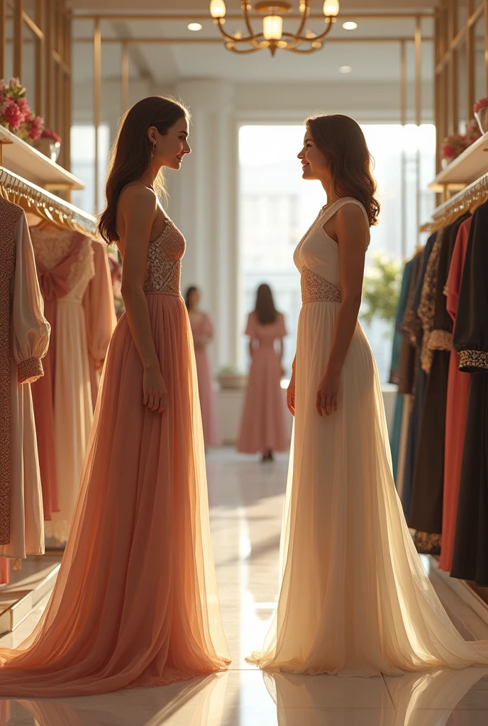 I want a picture in a clothing store where a saleswoman is talking to a female customer, and the ladies are wearing long clothes.  

