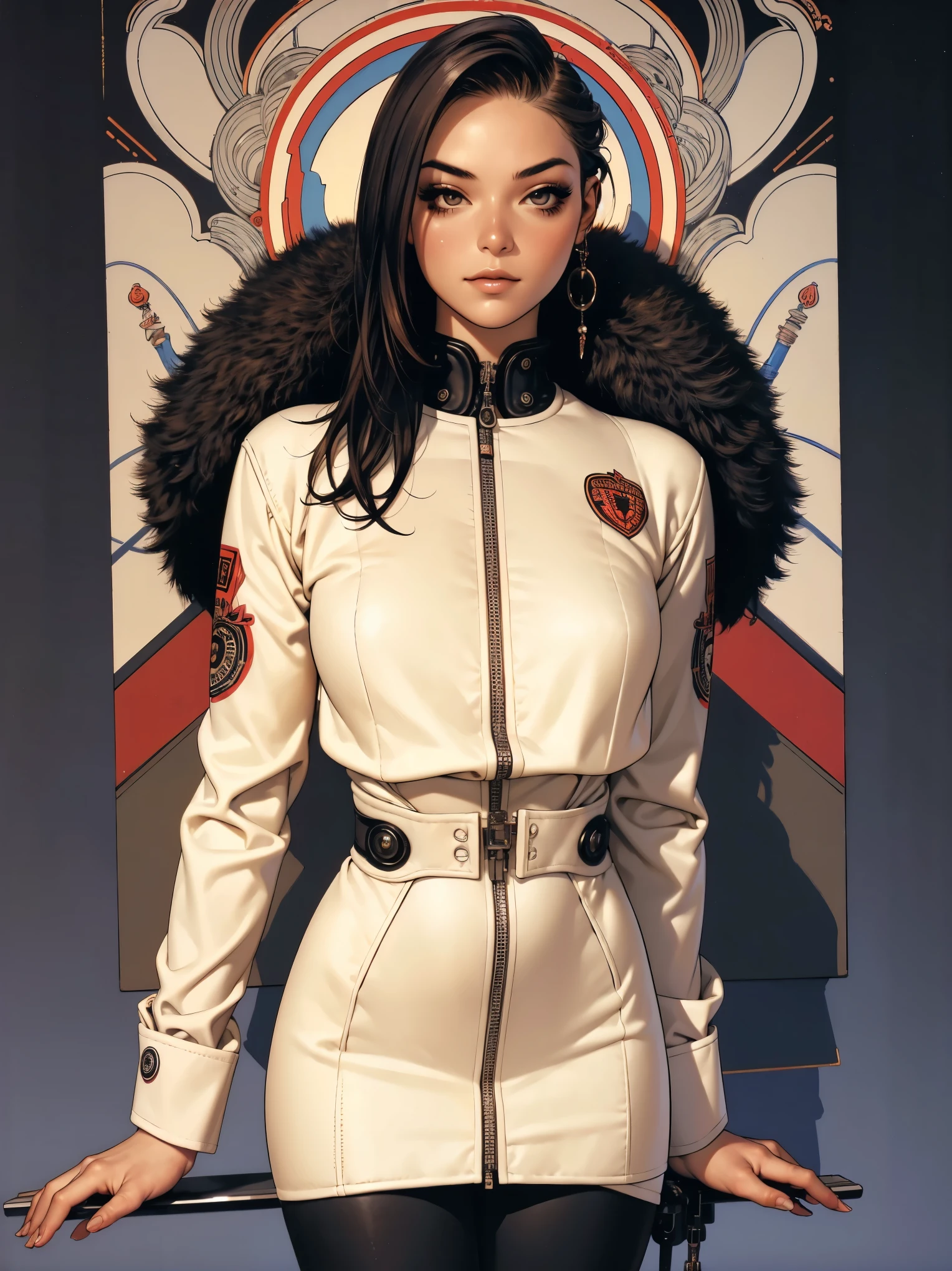 (((best qualityer))), (((manga strokes))), a young girl beautifully dressed in modern winter clothes, pants with red and black zig-zag pattern, top gift vertical stripes, short jacket with dark fur collar, beautiful and expressive face, slightly-smile, big eyes with long black eyelashes, heavy make-up, chains and zippers spread across clothes, contrasting colours, pose de atitude, hair with a modern and futuristic cut, urban game poster art, dramatic camera angles, graffiti art elements in the background, design mixing contemporary and retro by Shepard Fairey, (((full body)))