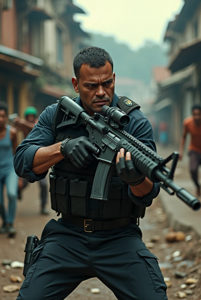Brazilian police officer, uniform, in swat type uniform, armed with rifle. police officer with marks and scars from old comforts. police officer with angry look. Strong cop. The police officer is in the middle of a shootout, in a favela. The favela is on a hill, with many alleys and lanes. The favela has a lot of trash tered on the ground. In the scene you can see people running and screaming in fear.. The police officer is in an aggressive stance pointing his rifle in the direction of the criminals who are shooting at him.. Cinematic scene, high resolution image, work of art, ultra realistic style, ultra detailed image.