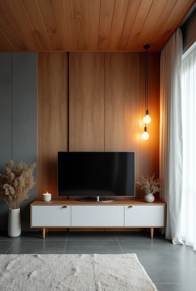 A residential room with a ceiling lined with wood-effect PVC in the color freijó, the gray floor, the wall with dark burnt cement effect, where is a television, on the right side a pendant light with two warm white bulbs, white curtain on the right side, white furniture with vintage style wooden details, with neutral white surface-mounted lamp,  sem led