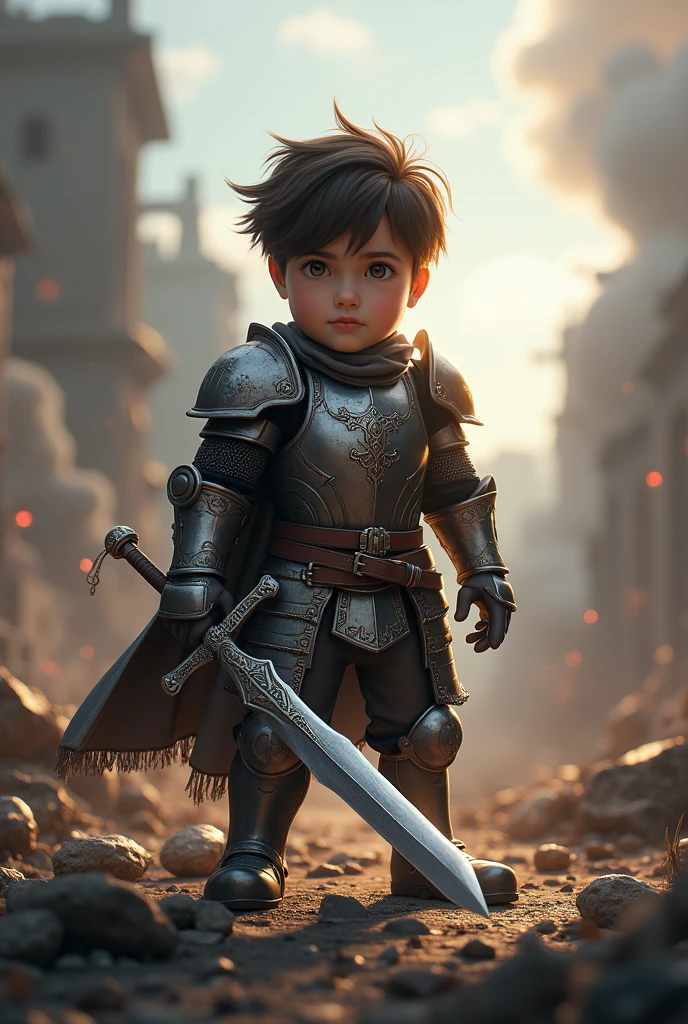 Roblox render GFX, boy in armor wielding a sword, chaotic and apocalyptic landscape