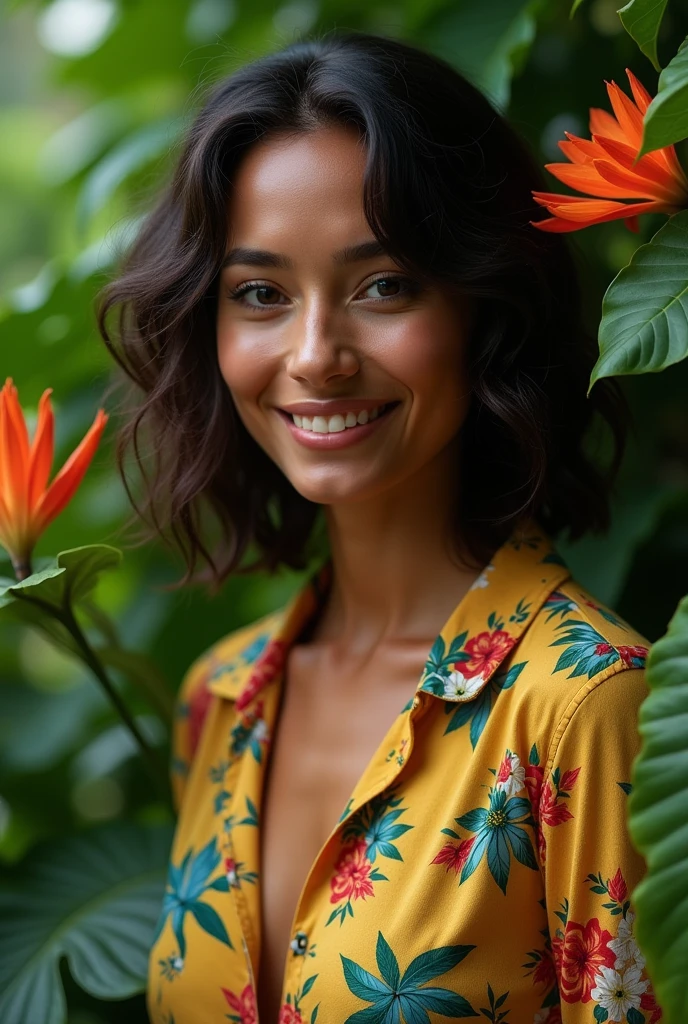 A Brazilian woman in a lush tropical garden, wearing an open shirt with a floral print, with a close-up capturing the harmonious beauty between her breasts and the natural flowers, showing off your natural charm and outgoing personality.