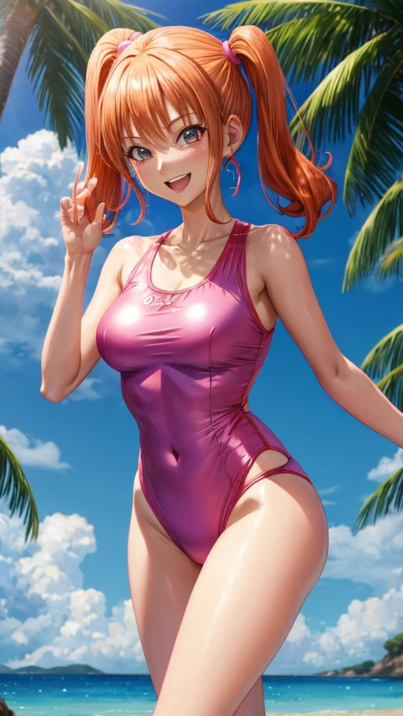 Jessica Albert (Dragon Quest), Jessica Albert, 1 woman, pink high leg one piece swimsuit, short pigtails, orange hair, beautiful, masterpiece, best quality, smiling face, looks in the eye of the beholder,