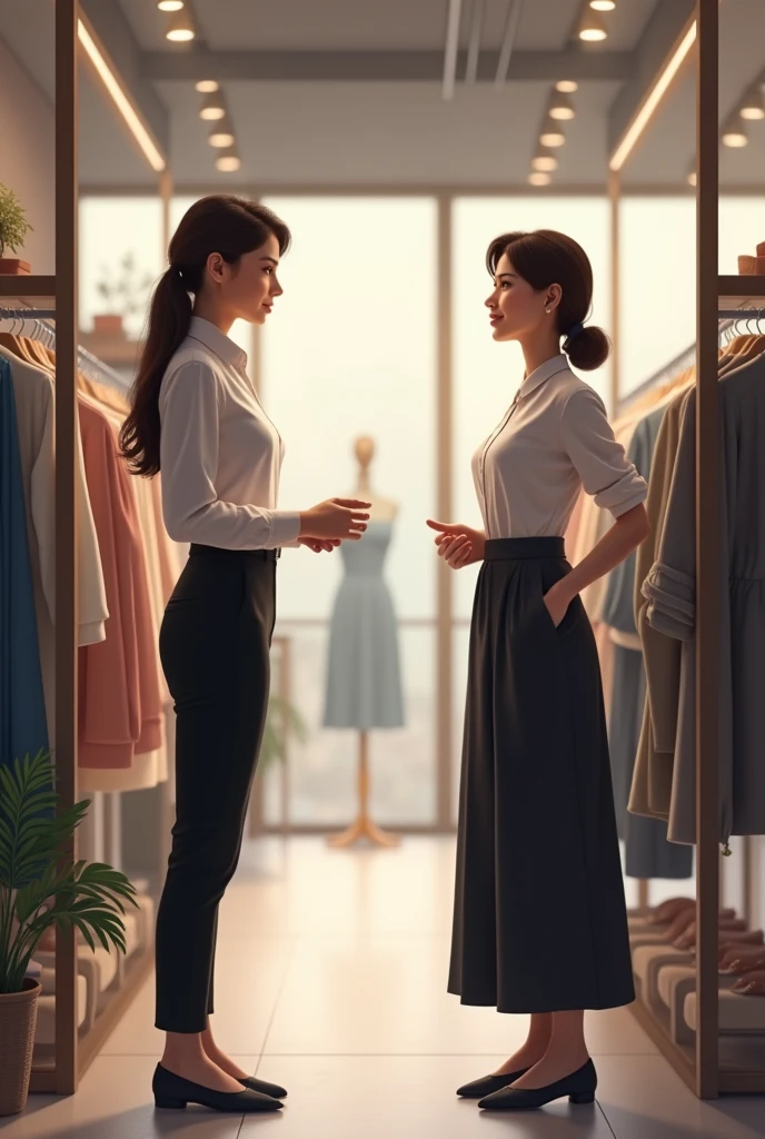 I want a picture in a clothing store with a saleswoman talking to a female customer, and the women are wearing modest clothing, a little distance away.