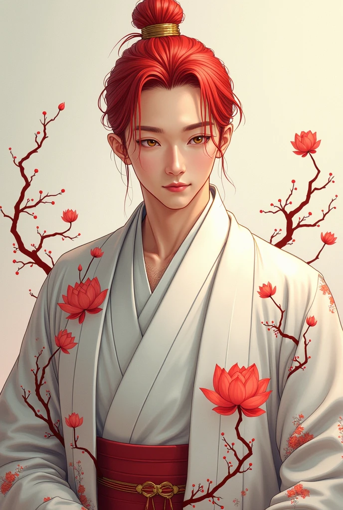A kind and gentle man between with red hair and orange/brown eyes. he wears a white haori with red lotus flower patterns. The flowers are scattered in a way that creates an elegant and balanced effect, accompanied by fine vines and twigs in dark red and gold tones that intertwine around the flowers.