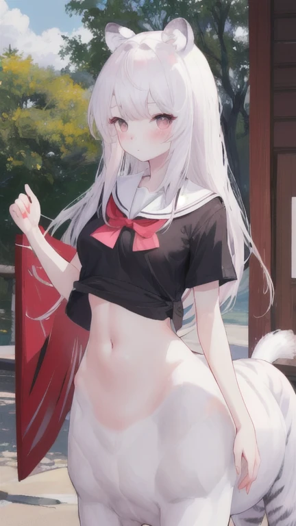 (best quality, masterpiece), 1 girl, centaur, I beg, White skin, Japanese schoolgirl,daughter,black pink, exposing the abdomen, belly button t-shirt , beautiful girl perfect, White tiger photo, 완벽한 White tiger photo