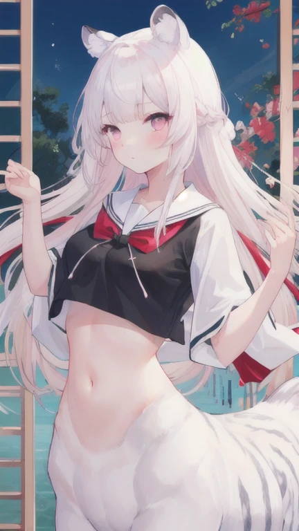(best quality, masterpiece), 1 girl, centaur, I beg, White skin, Japanese schoolgirl,daughter,black pink, exposing the abdomen, belly button t-shirt , beautiful girl perfect, White tiger photo, 완벽한 White tiger photo