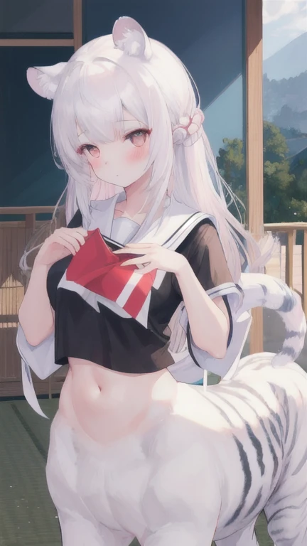 (best quality, masterpiece), 1 girl, centaur, I beg, White skin, Japanese schoolgirl,daughter,black pink, exposing the abdomen, belly button t-shirt , beautiful girl perfect, White tiger photo, 완벽한 White tiger photo