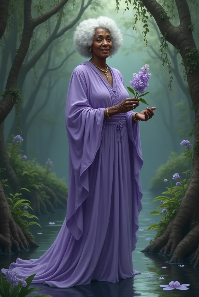 Black woman Orisha, old woman, short white curly hair, lilac dress, with a lilac flower in her hand in the middle of a swamp