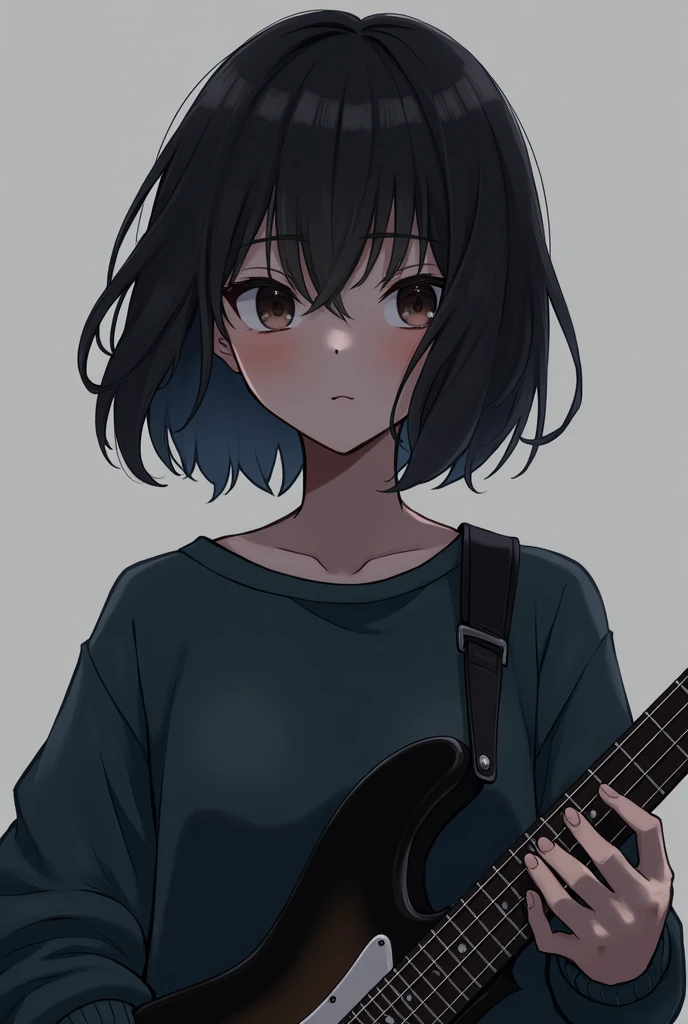 dark,with short straight hair at the back and wavy at the front, bass guitar, Brown eyes, in sweatshirt,anime version,Gamer,otaku