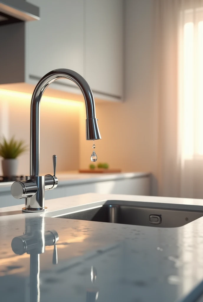A tap in the kitchen, with a drop of water about to fall. cheered up