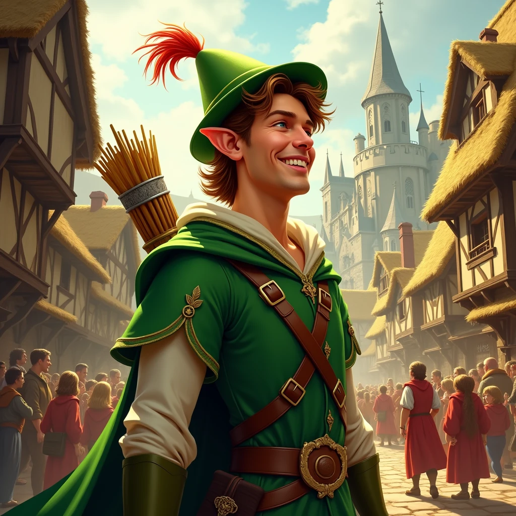 Bright shining and Smiling big Robin Hood in a big village