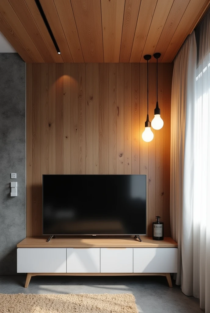 A residential room with a ceiling lined with wood-effect PVC in the color freijó, the gray floor, the wall with dark burnt cement effect, where is a television, on the right side a pendant light with two warm white bulbs, white curtain on the right side, white furniture with vintage style wooden details, with neutral white surface-mounted lamp, sem led