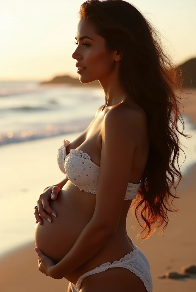 A stunning profile portrait of Moana, Moana a is pregnant, holding her belly, young and beautiful, hyper realistic, real portrait, backlit, exquisite features, cleavage, sexy, seductive, beach, natural light, soft light, romantic