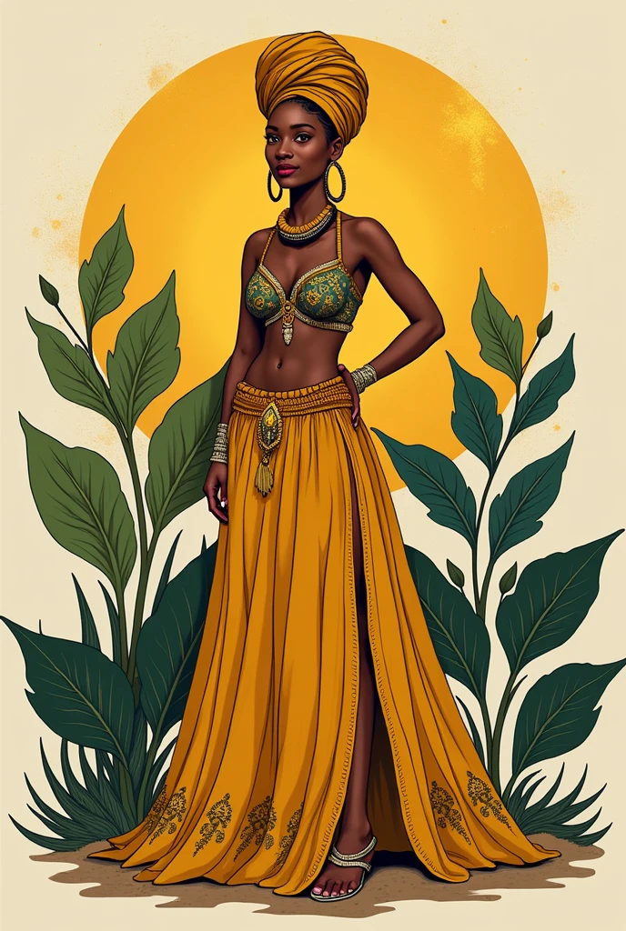 人物: Place the illustration of the Bahian woman, African religion matrix, centered or slightly offset to one side., with enough space to include the studio name text clearly.
texto: "Maria Bonita Studio" must be prominently positioned, below or next to the figure. The font should be legible and match the overall aesthetic of the design.. Mustard yellow palette showing pombagira clothing, flared skirt and turban