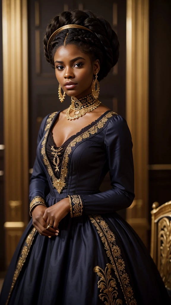 A young black woman wearing an elegant indigo regency era dress decorated with intricate lavander details, regency era, afro hair, black afro style braids, intricate hairstyle, dark skin, dark blue eyes, elegant, rich, Bridgerton, young face, regency era ball, carmin and gold background color scheme, noblewoman, regency era, victorian era, (((brown skin))), black woman, proud, beautiful,