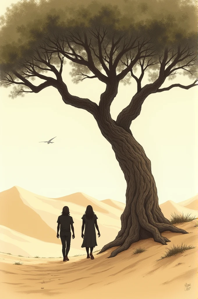 Two characters walking in the desert on a road and the trunk of a large tree, they decided to rest there, high resolution, smoothboard animation, I want the drawing to be like drawing with pencil on paper.