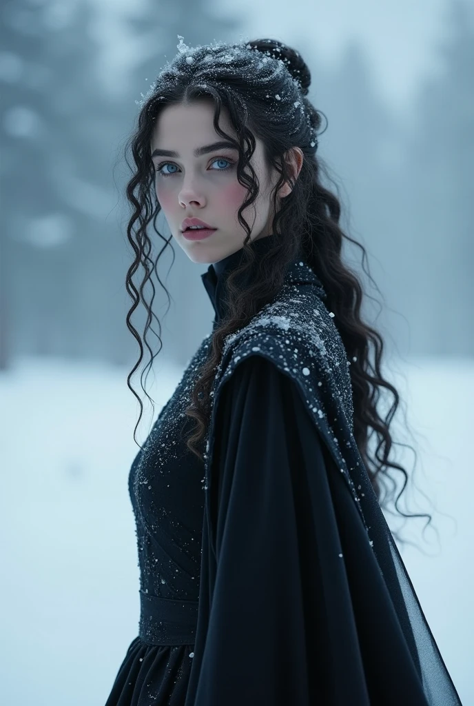 A woman with dark curly hair and very very very pale blue eyes, almost transluscent. She is a Stark living in the game of thrones area and she looks like powerful and represents the cold winter. We saw her entire body. She is the most beautiful woman of the world. Her features are thin and graceful. She wears a black dress without fur coat or any coat at all. She is facing