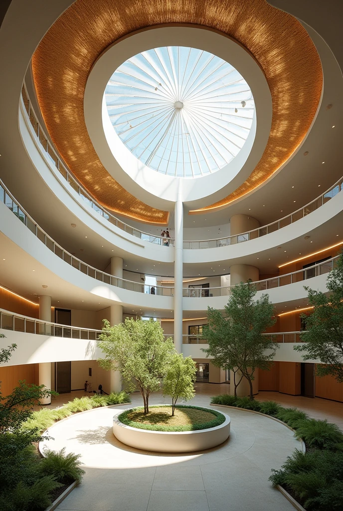 Polycarbonate skylight in a large circular courtyard of a hospital with a quadruple height where it is noticeable that the roof is made of straw

