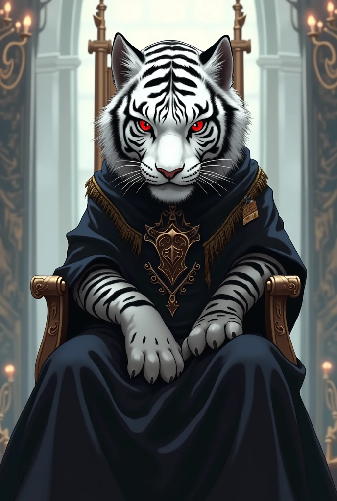 Anime character tiger with white fur and red eyes and black medieval clothes sitting on a throne