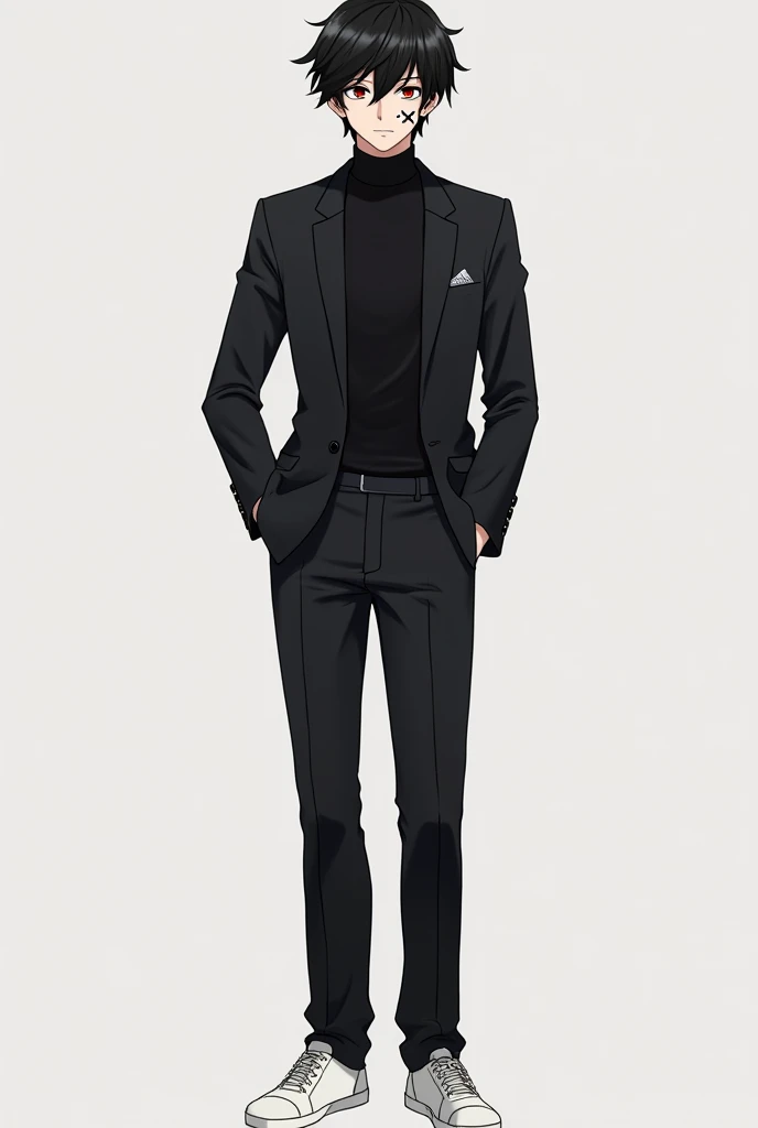 Create a tall, young, Boku no hero academia style male character with a calm, serene expression, small eyes, black eyes and red iris, black hair with white and with an X-shaped scar on the right cheek, with a black casual suit with black pants and white shoes.