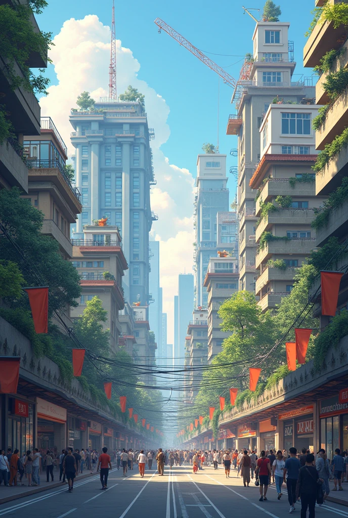 in the city, Development includes the expansion of public services, the construction of urban infrastructure and the creation of employment in industrial and service sectors. EXAMPLE: Urbanization and social housing projects.