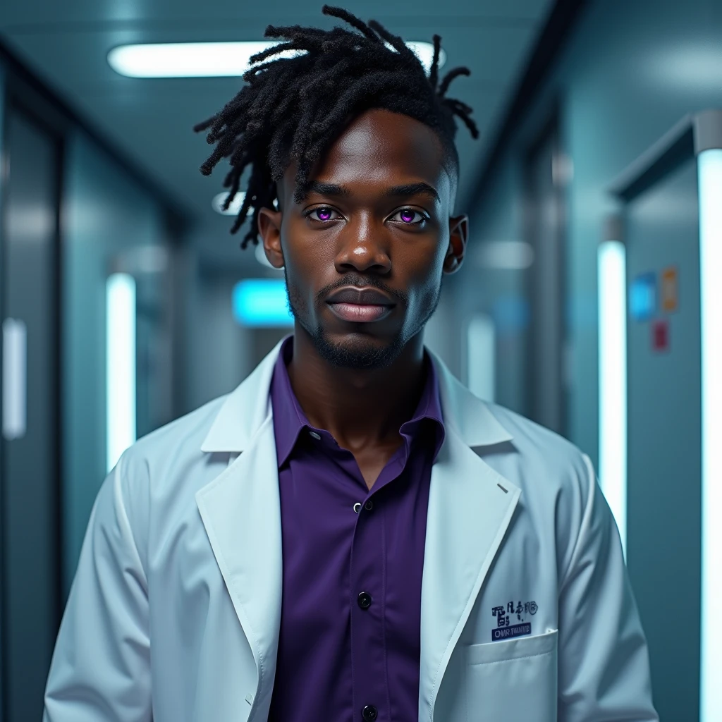 Photograph headshot, hair wavy ringlets parted to the side, very tall French featured male model, shaved, toned body, ebony skin, vibrant purple eyes, tall thin toned body. Gentle smile expression. Doctor coat, dark purple shirt, modern sci-fi hospital office.