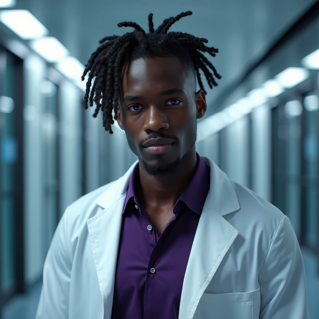 Photograph headshot, hair wavy ringlets parted to the side, very tall French featured male model, shaved, toned body, ebony skin, vibrant purple eyes, tall thin toned body. Gentle smile expression. Doctor coat, dark purple shirt, modern sci-fi hospital office.