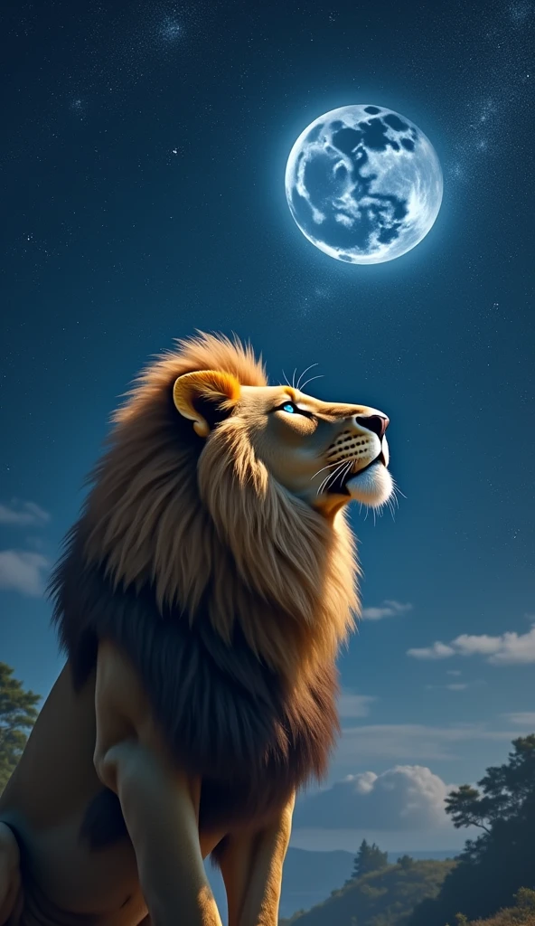 Create an ultra realistic 8k image of a big and beautiful strong lion with blue eyes looking up at the sky with a look of gratitude , the night , Focus on the lion's face