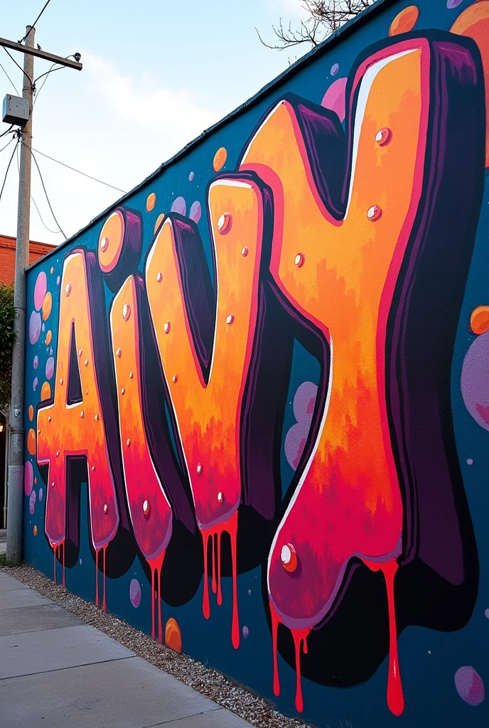 throw-up graffity for the name “Aivy” with complex big thick letters who merge together in sunset shade with thick white bublly inlines bombing paint style dripping on a outside wall
Point of view off the picture to face the wall from across the road