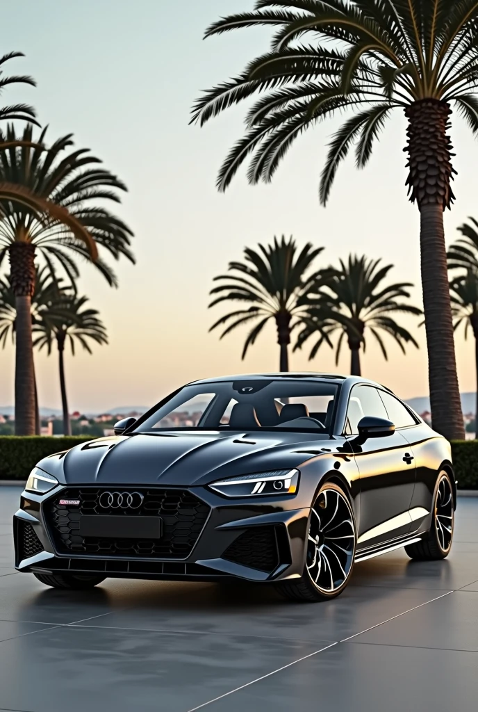 Photo of Audi S5 8t Facelift like Rolls Royce the upper half black the inner half grey. The whole car should be visible, the view from the side front, mot palm trees in the background