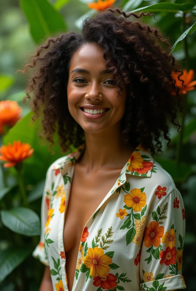 A Brazilian woman in a lush tropical garden, wearing an open shirt with a floral print, with a close-up capturing the harmonious beauty between her breasts and the natural flowers, showing off your natural charm and outgoing personality.