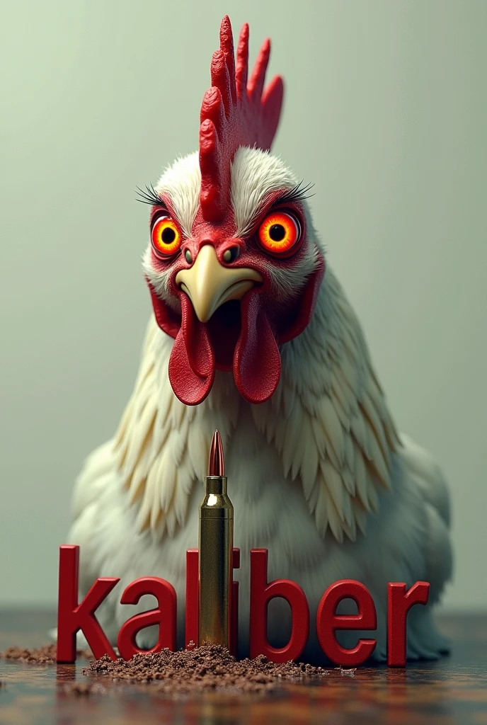 red eyed chicken non realistic with a bullet going through the word kaliber below it