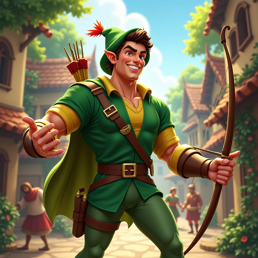 Bright shining and Smiling big Robin Hood looking to the camera in a big village