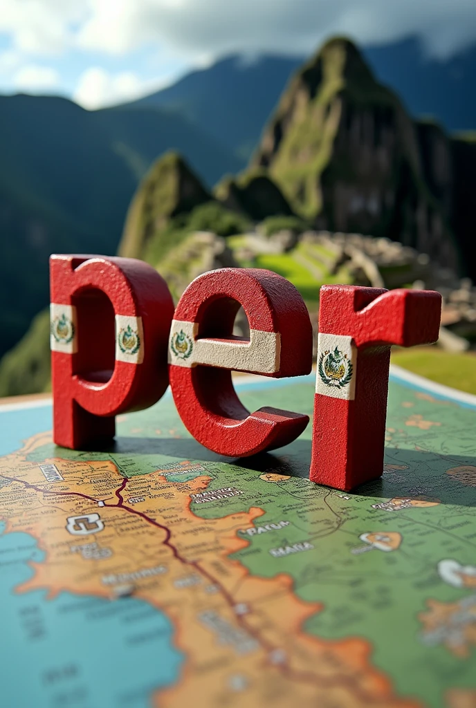 standing letters "PER" (very large) patterned with the 🇵🇪 flag, make sure the writing is clear and correct, miniature of machu picchu (foreground), very close up, map of Peru (bottomground)