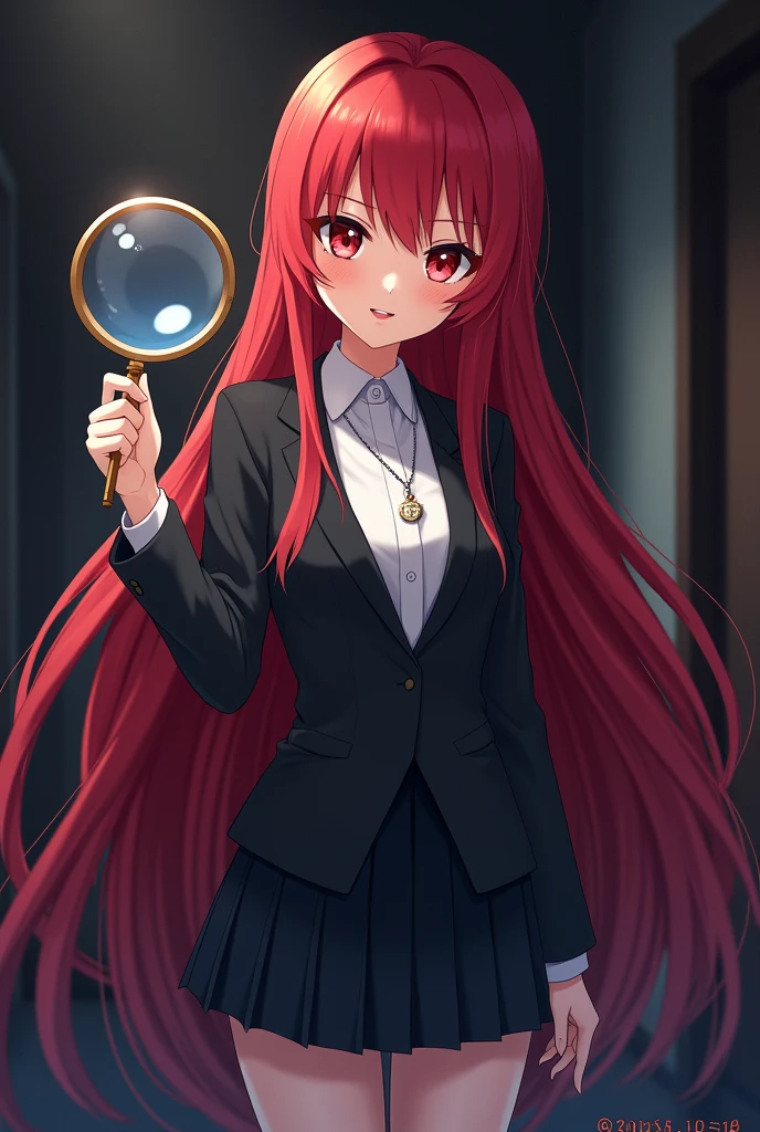 Anime character girl with long red hair and red eyes dressed as a detective with a magnifying glass in her hand.