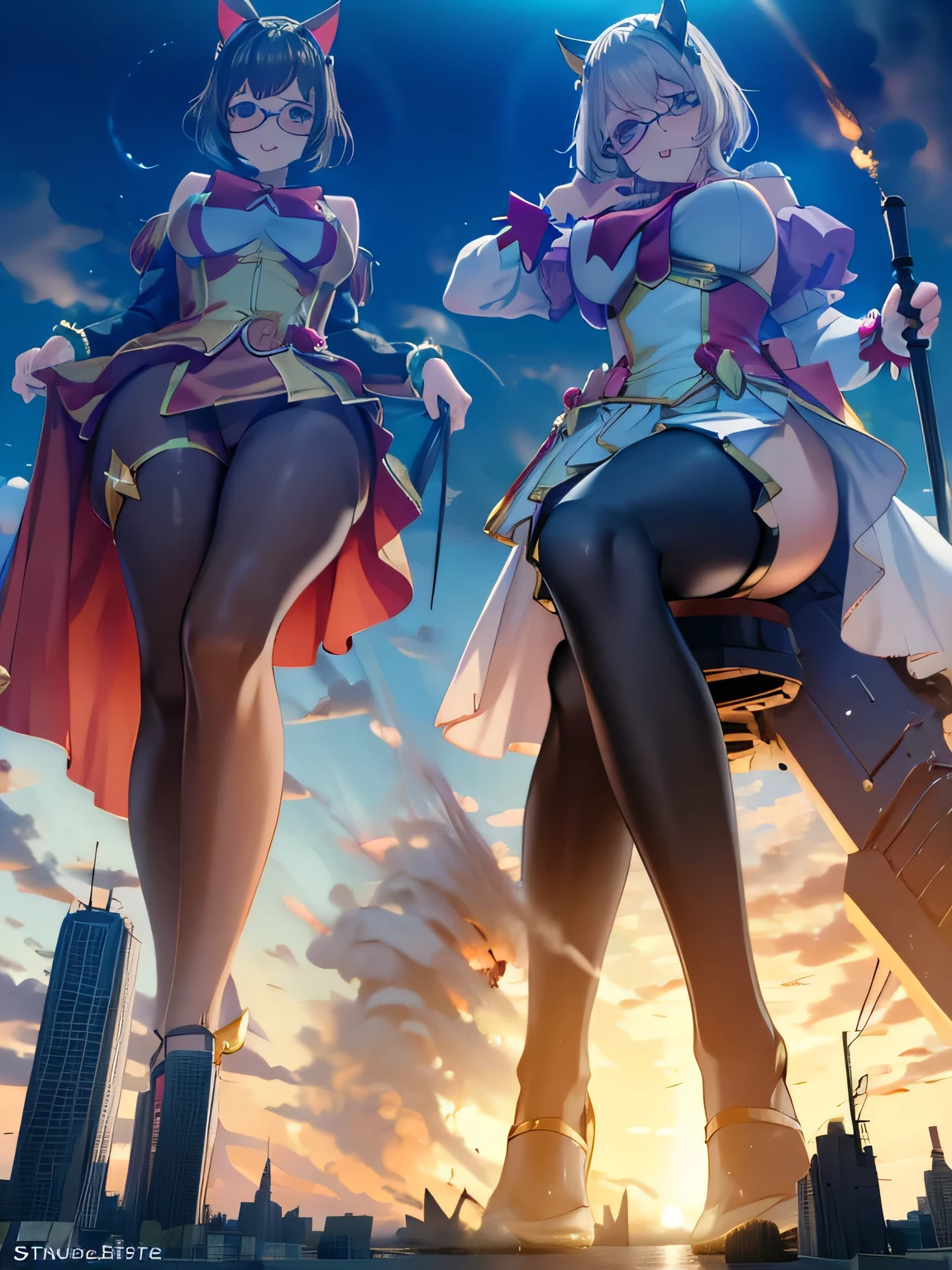 multiple girls, 3girls, standing, giantess art, highly detailed giantess shots, giantess, most detailed, perfect face, Two legs, Five fingers, short hair, A beautiful girl who is bigger than a skyscraper, Wearing rimless glasses, smile, huge breasts, magical girl dress, bow, magical girl, holding a magical wand, black pantyhose, stiletto heels, thunderbolt from a magical wand, seaside metropolis, numerous miniature warships on the sea, Destroying cities, Under heavy attack, A very small big city, Miniature metropolis, Full body description, GTS, giga giantess, gigagts, stomping city, crash city, tiny city, micro city, pantyhose feet, High resolution, highest quality, masterpiece,