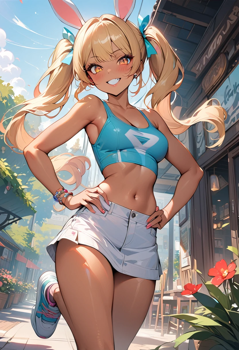 (masterpiece, best quality:1.5), (high resolution 8K), detailed eyes and face, detailed body, 
BREAK 1 girl, japanese girl, longhair, twintail, blonde hair, blonde eyes, wave hair, (mascara:1.2), (tan skin, dark skin:1.2), double teeth, fang, (piercing:1.2), medium breasts, 
BREAK (seductive smile, blush:1.2),
BREAK A casual bunny girl in a sporty, tank-top style bodysuit, with colorful bunny ears and a short skirt. She wears sneakers with pastel-colored accents and accessories, giving her a playful and modern vibe, cinematic composition, trending on Artstation.
BREAK A casual bunny girl with one leg playfully raised, hands on her hips, smiling in a relaxed and cheerful pose. She is in a modern outdoor cafe or park, with colorful flowers and trees in the background, sunlight streaming in, creating a joyful atmosphere, cinematic composition, trending on Artstation
