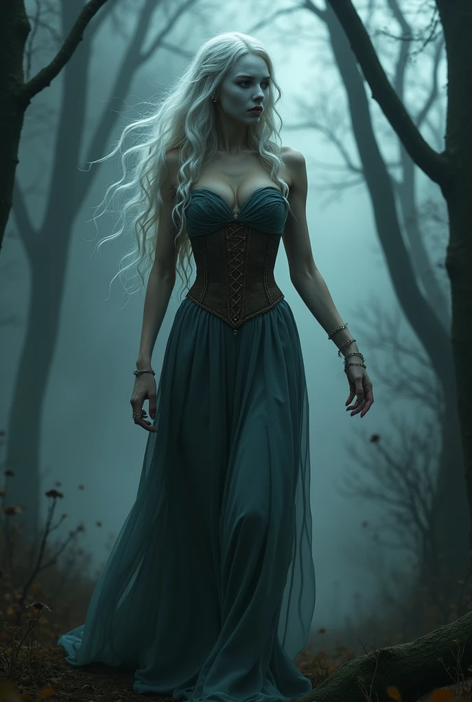 slender elf, with wavy white hair, whose face looks like a mask, with medieval dress and leather corset, walking through a dark, foggy forest