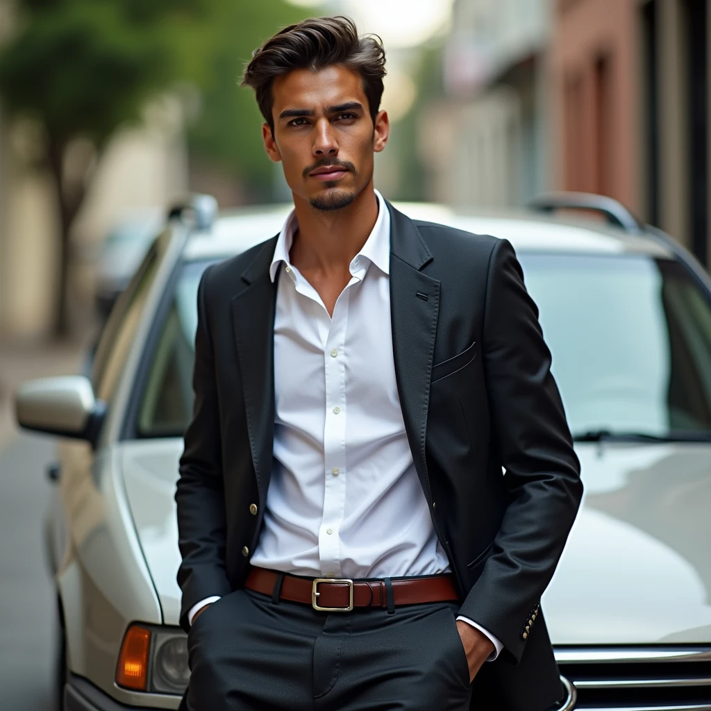 A BROWN MAN, An 18-year-old face, Brazilian businessman leaning on a not very expensive car, but with style