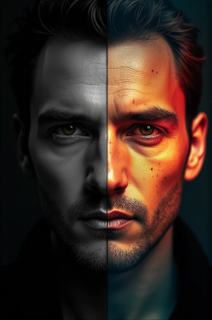 A man, Half of the image is black and white