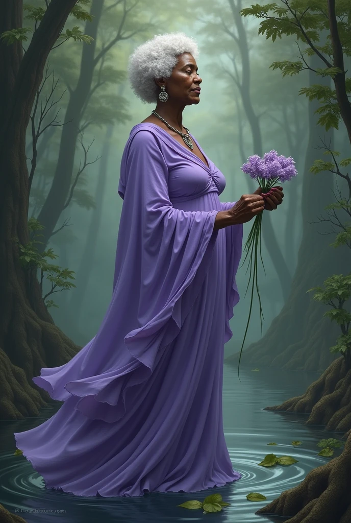 Black woman Orisha, old woman, short white curly hair, lilac dress, with a lilac flower in her hand in the middle of a swamp